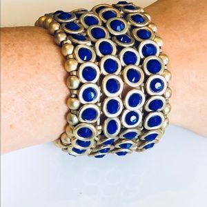 Gold and blue stretchy cuff bracelet